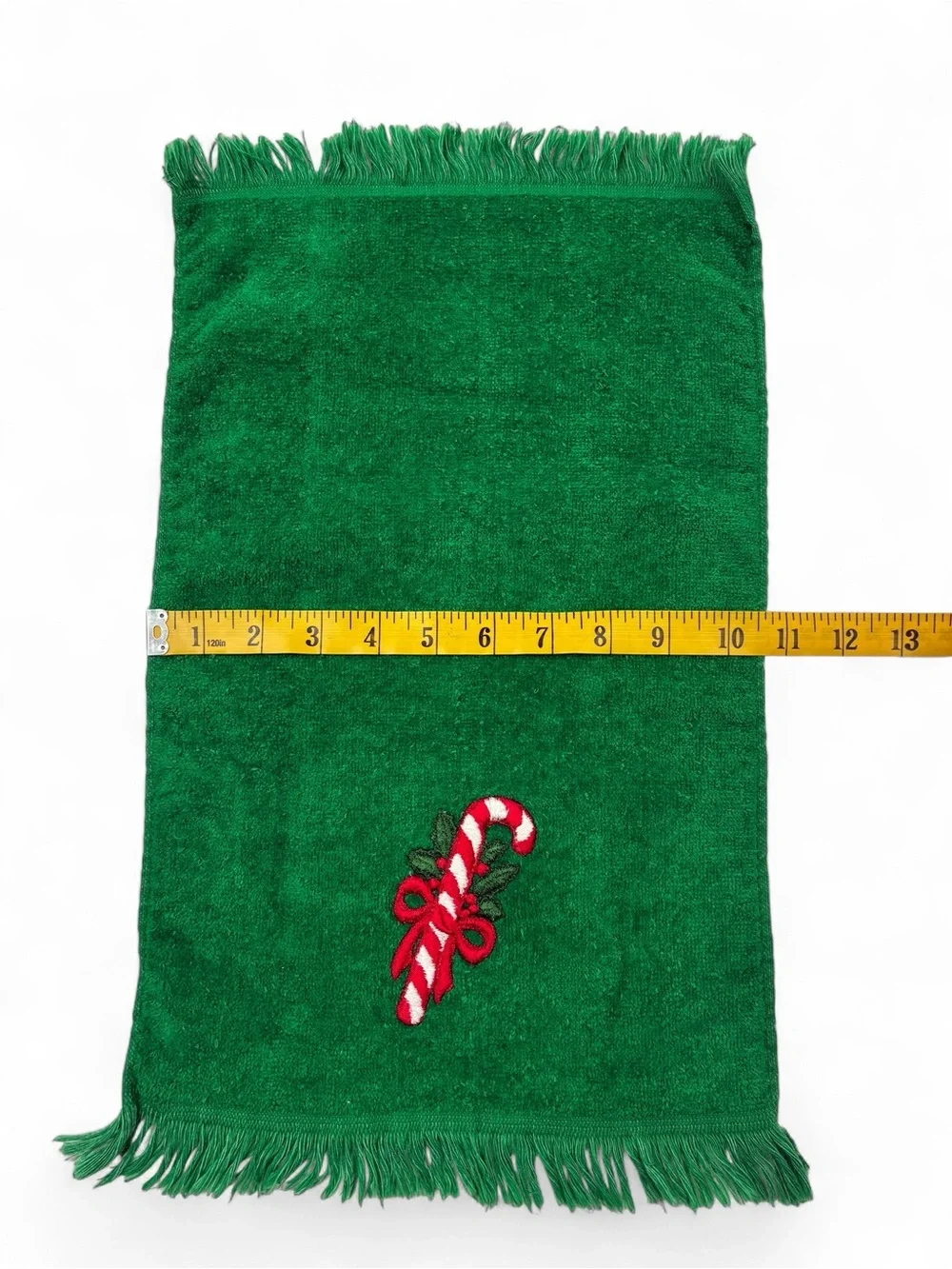 2 Vintage Fieldcrest Holiday Hand Towels Red Green Fringe Applique Made In USA